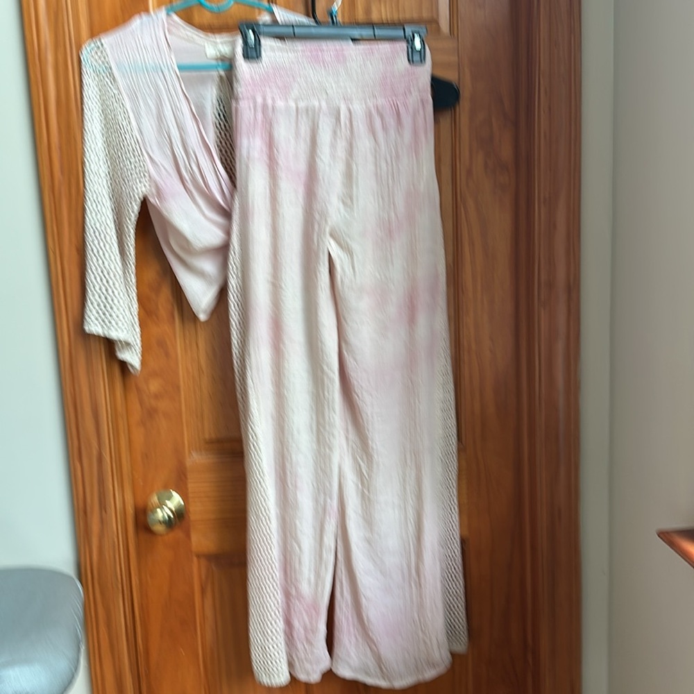 Elan Pink and White Wide Leg crochet Pants Set - Picture 7 of 9